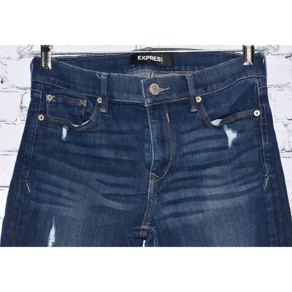 Express Mid Rise Legging Pant Stretch Distressed Dark Wash Denim Jeans Size 6R - Picture 2 of 6